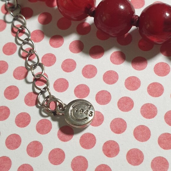 Red Beaded Double Strand Necklace Teardrop Stone Pendant Silver Tone Accents - Picture 7 of 7